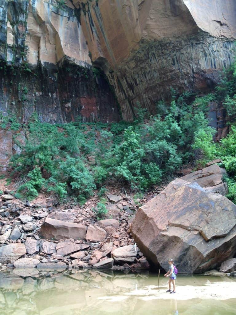Young child stand at emerald pool in Zion National Park